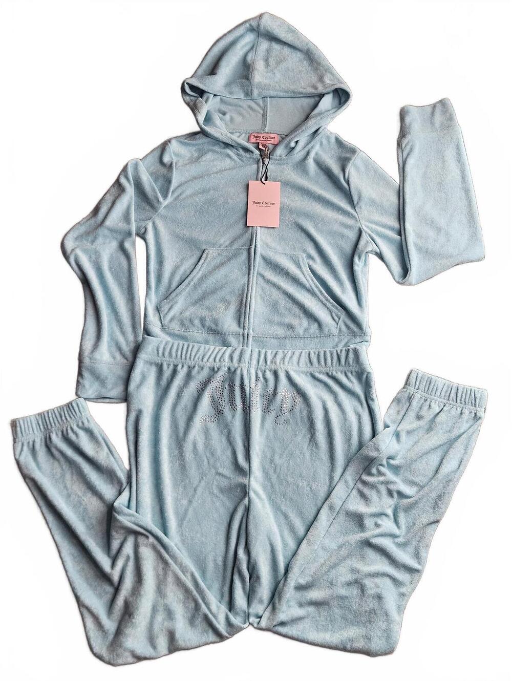 NWT Juicy Couture Crystal Blue Terry Cloth Tracksuit Rhinestone Set Size M E/17